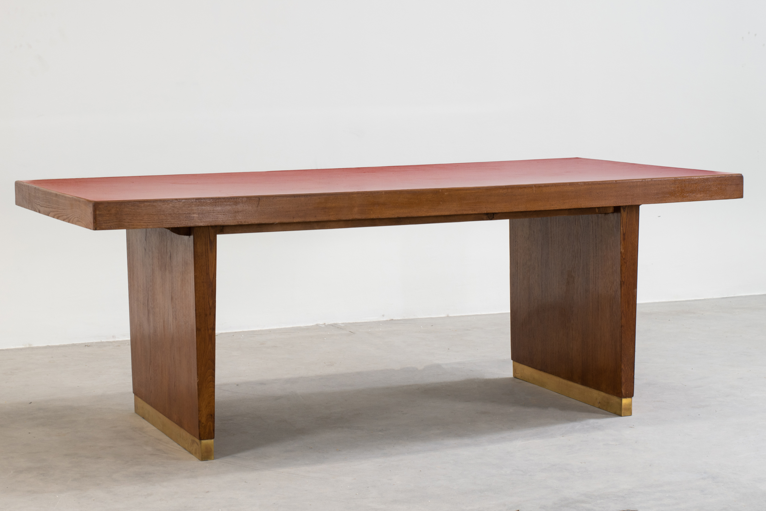 Table in Oak Brass and Red Laminate Italian Manifacture 1950s